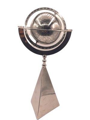 Rotating World Globe on Pyramid in Silver Lacquered Metal-TCS-1140907