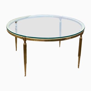 Round Brass Coffee Table with Glass Top, 1970s-OXJ-1169727