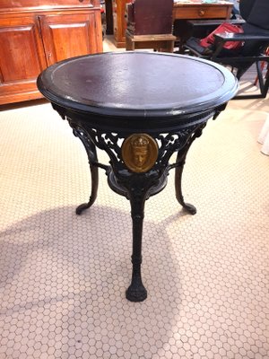 Round Cast Iron Structure Coffee Table With Golden Medallions, Wooden Top & Leather-ZFY-1277850