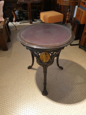 Round Cast Iron Structure Coffee Table With Golden Medallions, Wooden Top & Leather-ZFY-1277850