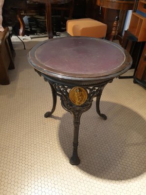 Round Cast Iron Structure Coffee Table With Golden Medallions, Wooden Top & Leather-ZFY-1277850