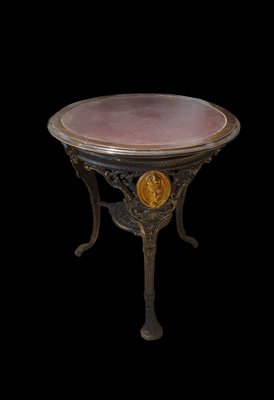 Round Cast Iron Structure Coffee Table With Golden Medallions, Wooden Top & Leather-ZFY-1277850