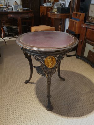 Round Cast Iron Structure Coffee Table With Golden Medallions, Wooden Top & Leather-ZFY-1277850