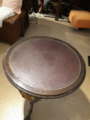 Round Cast Iron Structure Coffee Table With Golden Medallions, Wooden Top & Leather-ZFY-1277850