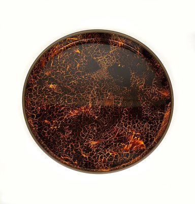 Round Centerpiece Serving Tray in Faux Tortoiseshell and Brass, Italy, 1970s-LYQ-1428354