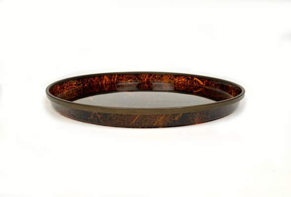 Round Centerpiece Serving Tray in Faux Tortoiseshell and Brass, Italy, 1970s-LYQ-1428354