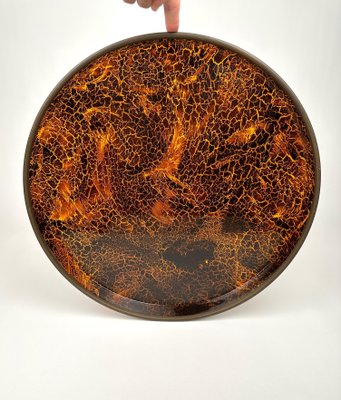 Round Centerpiece Serving Tray in Faux Tortoiseshell and Brass, Italy, 1970s-LYQ-1428354