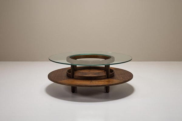 Round Coffee Table in Glass and Teak by Gianfranco Frattini for Cassina, Italy, 1950s-UQV-1790737