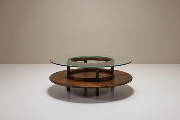 Round Coffee Table in Glass and Teak by Gianfranco Frattini for Cassina, Italy, 1950s-UQV-1790737