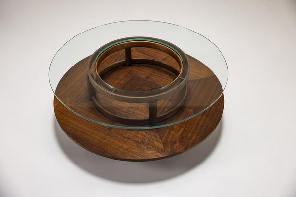 Round Coffee Table in Glass and Teak by Gianfranco Frattini for Cassina, Italy, 1950s-UQV-1790737