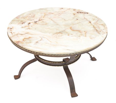 Round Coffee Table in Wrought Iron & Onyx, 1950s-JCN-1723337