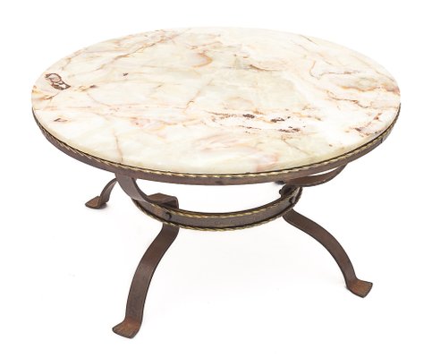 Round Coffee Table in Wrought Iron & Onyx, 1950s-JCN-1723337