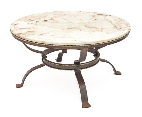 Round Coffee Table in Wrought Iron & Onyx, 1950s-JCN-1723337