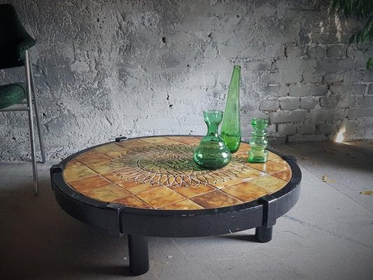 Round Coffee Table with Vallauris Ceramic Capron Barrois, France, 1960s-POM-1384002