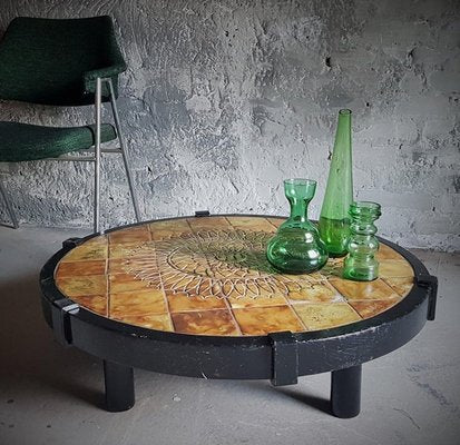 Round Coffee Table with Vallauris Ceramic Capron Barrois, France, 1960s-POM-1384002