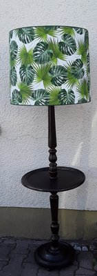 Round Dark Stained Wood Side Table with Rotating Top, Integrated Floor Lamp & Green Patterned Fabric Lampshade, 1950s-HOI-900206