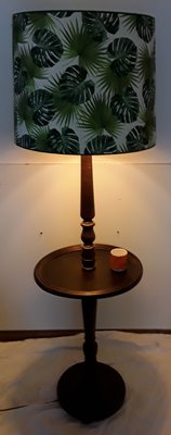 Round Dark Stained Wood Side Table with Rotating Top, Integrated Floor Lamp & Green Patterned Fabric Lampshade, 1950s-HOI-900206