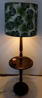 Round Dark Stained Wood Side Table with Rotating Top, Integrated Floor Lamp & Green Patterned Fabric Lampshade, 1950s-HOI-900206