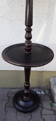 Round Dark Stained Wood Side Table with Rotating Top, Integrated Floor Lamp & Green Patterned Fabric Lampshade, 1950s-HOI-900206