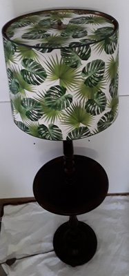 Round Dark Stained Wood Side Table with Rotating Top, Integrated Floor Lamp & Green Patterned Fabric Lampshade, 1950s-HOI-900206