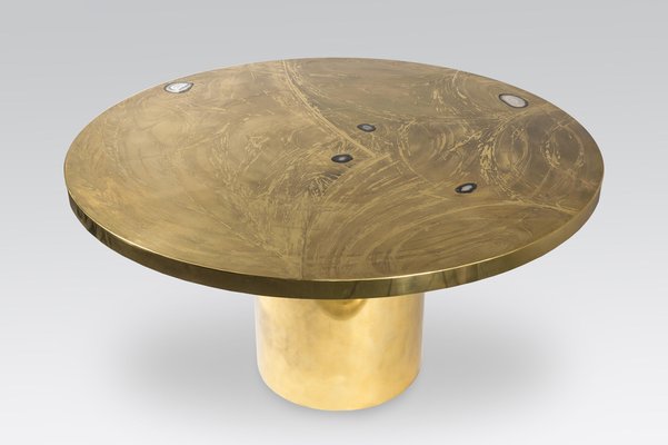 Round Etched Brass Dining Table with Inlay in Agates from VDL, 1980s-NJJ-955149