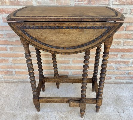 Round Folding Center Oak Table with Carved Top and Solomonic Legs, 1940s-NOU-1752709