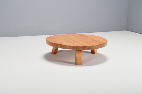 Round French Artisanal Coffee Table in Solid Oak, 1960s-QT-1263337