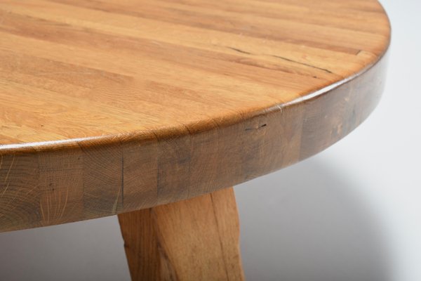 Round French Artisanal Coffee Table in Solid Oak, 1960s-QT-1263337