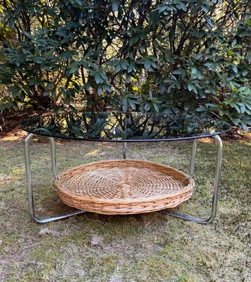 Round Glass Coffee Table with Wicker Magzine Rack, 1960s-LL-1359295