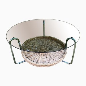 Round Glass Coffee Table with Wicker Magzine Rack, 1960s-LL-1359295