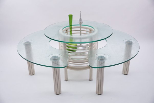 Round Italian Modern Glass Table with Bottle Shelf, 1980s, Set of 3-KQB-1170172