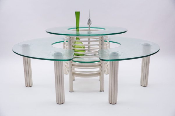 Round Italian Modern Glass Table with Bottle Shelf, 1980s, Set of 3-KQB-1170172