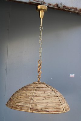 Round Italian Pendant Lamp in Bamboo and Brass, 1950s-EH-1389330