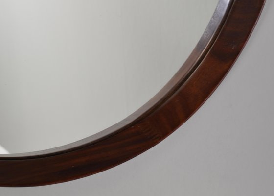 Round Italian Wall Mirror in Solid Teak, Leather and Brass, 1950s-TE-1132254