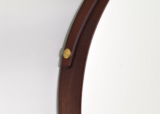 Round Italian Wall Mirror in Solid Teak, Leather and Brass, 1950s-TE-1132254