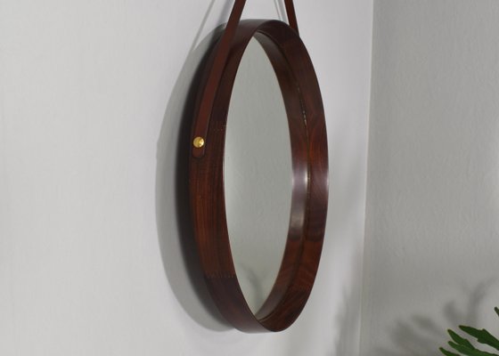 Round Italian Wall Mirror in Solid Teak, Leather and Brass, 1950s-TE-1132254