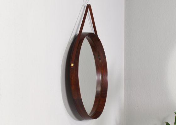 Round Italian Wall Mirror in Solid Teak, Leather and Brass, 1950s-TE-1132254