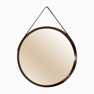 Round Italian Wall Mirror in Solid Teak, Leather and Brass, 1950s-TE-1132254