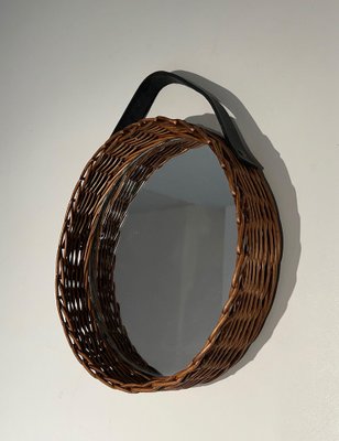 Round Leather and Rattan Mirror, 1950s-BA-1599961