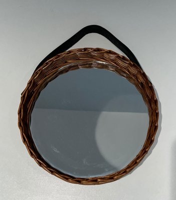 Round Leather and Rattan Mirror, 1950s-BA-1599961