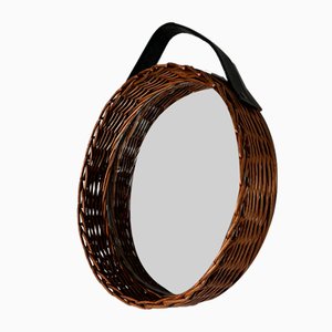 Round Leather and Rattan Mirror, 1950s-BA-1599961