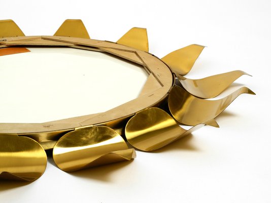 Round Mid-Century Brass Sunburst Wall Mirror-RR-989286