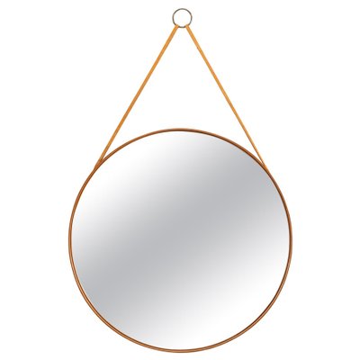 Round Mirror in Teak and Leather from Glasmäster in Markaryd, Sweden, 1950s-SC-659143