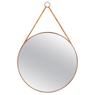 Round Mirror in Teak and Leather from Glasmäster in Markaryd, Sweden, 1950s-SC-659112