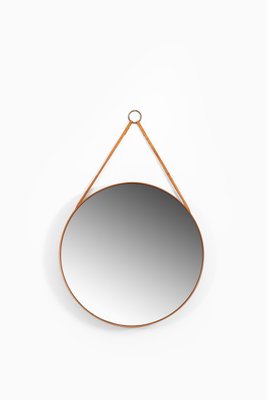 Round Mirror in Teak and Leather from Glasmäster in Markaryd, Sweden, 1950s-SC-659112