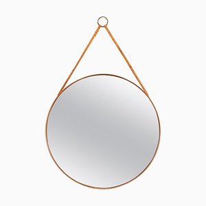 Round Mirror in Teak and Leather from Glasmäster in Markaryd, Sweden, 1950s-SC-659112