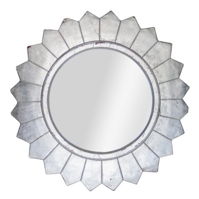 Round Neoclassical or Empire Style Hand-Carved Wooden Mirror in Silver, Spain, 1970s-UZ-955026