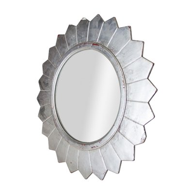 Round Neoclassical or Empire Style Hand-Carved Wooden Mirror in Silver, Spain, 1970s-UZ-955026