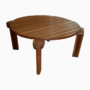 Round Oak and Leather Coffee Table attributed to Jacques Adnet, 1950s-EAI-1398322