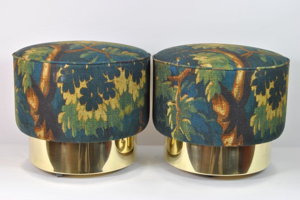 Round Poufs with Brass Bases and New Fabric, Italy, 1970s, Set of 2-WFB-1063844